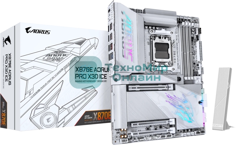 Материнская плата Gigabyte X870E AORUS PRO X3D ICE, AM5, AMD X870E, 4xDDR5, 4xSATA, 4xM.2, 1xPCIe 5.0 x16, 1xPCIe 4.0 x16, 1xPCIe 3.0 x16, 1xHDMI, 1x5Gb LAN, Wi-Fi 7, Bluetooth 5.4, 2xUSB-C 40Gbps (USB4), 2xUSB-C 10Gbps, 5xUSB-A 10Gbps, 3xUSB-A 5Gbps, 3x3.5 мм + S/PDIF оптический, 7.1, белый, ATX