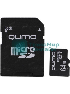Флеш карта QUMO MicroSDXC 64Gb 90/45 МБ/с UHS-I U3, Pro seria 3.0, адаптер в комплекте SD, красная картонная упаковка