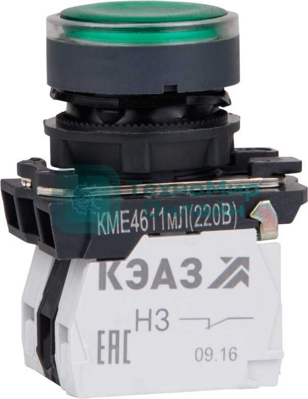 Кнопка КМЕ4611мЛ-24В-зеленый-1но+1нз-цилиндр-индикатор-IP65-КЭАЗ