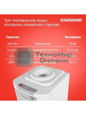 Кулер для воды Starwind SW-1115EB, верхняя загрузка, нагрев 95 °С, охлаждение 10 °С, белый