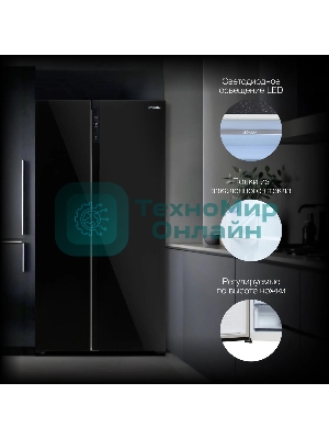 Холодильник Hyundai CS5003F черное стекло двухкамерный 331/165л морозилка сбоку, No Frost, Side by Side