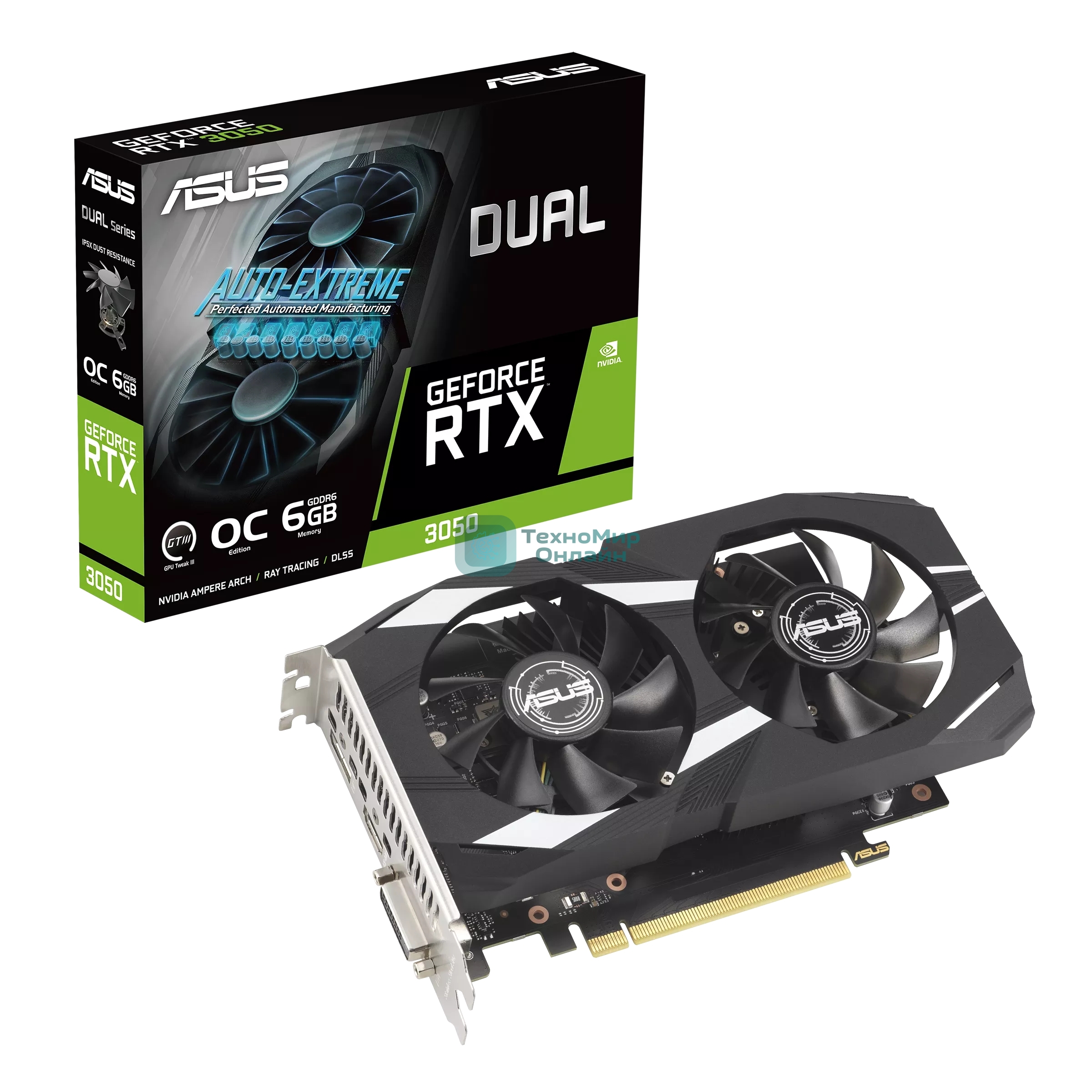 Видеокарта Asus DUAL-RTX 3050-O6G NVIDIA GeForce RTX 3050 6Gb 96bit GDDR6 PCI-E 4.0 1507/14000 DVIx1 HDMIx1 DPx1 HDCP Ret