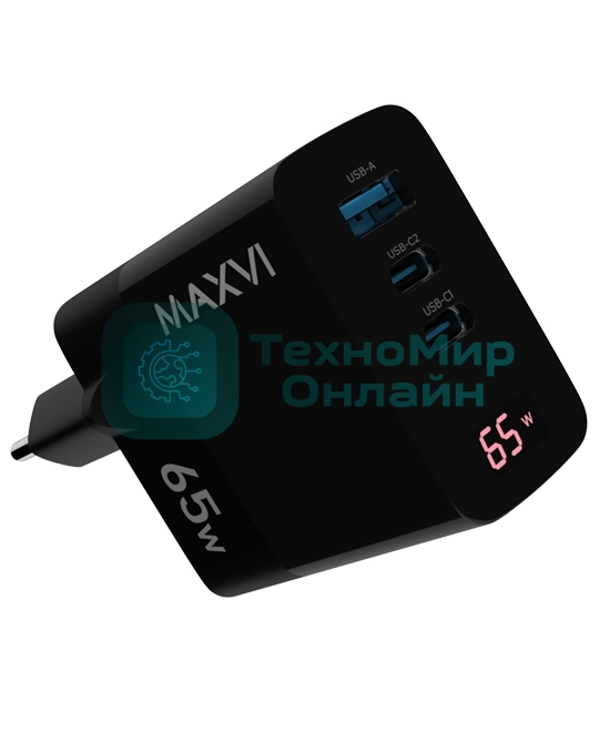 Сетевое зарядное устройство Maxvi A583GN Type-C 65W + Type-C 40W + USB 22W, GAN, PD, QC, LED дисплей, черный