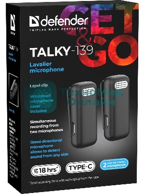 Петличный микрофон DEFENDER (64139) Talky-139 wrls, черный, кейс, 2шт