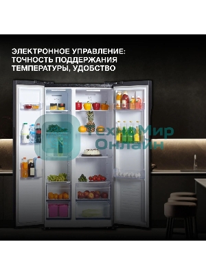 Холодильник Hyundai CS5003F черное стекло двухкамерный 331/165л морозилка сбоку, No Frost, Side by Side