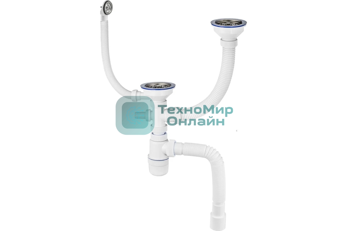 Сифон Элит для 2-ой, разноуров. мойки нерж.чаш. Ø114мм, отв. ст/м., кругл пер. и гофротр. L800