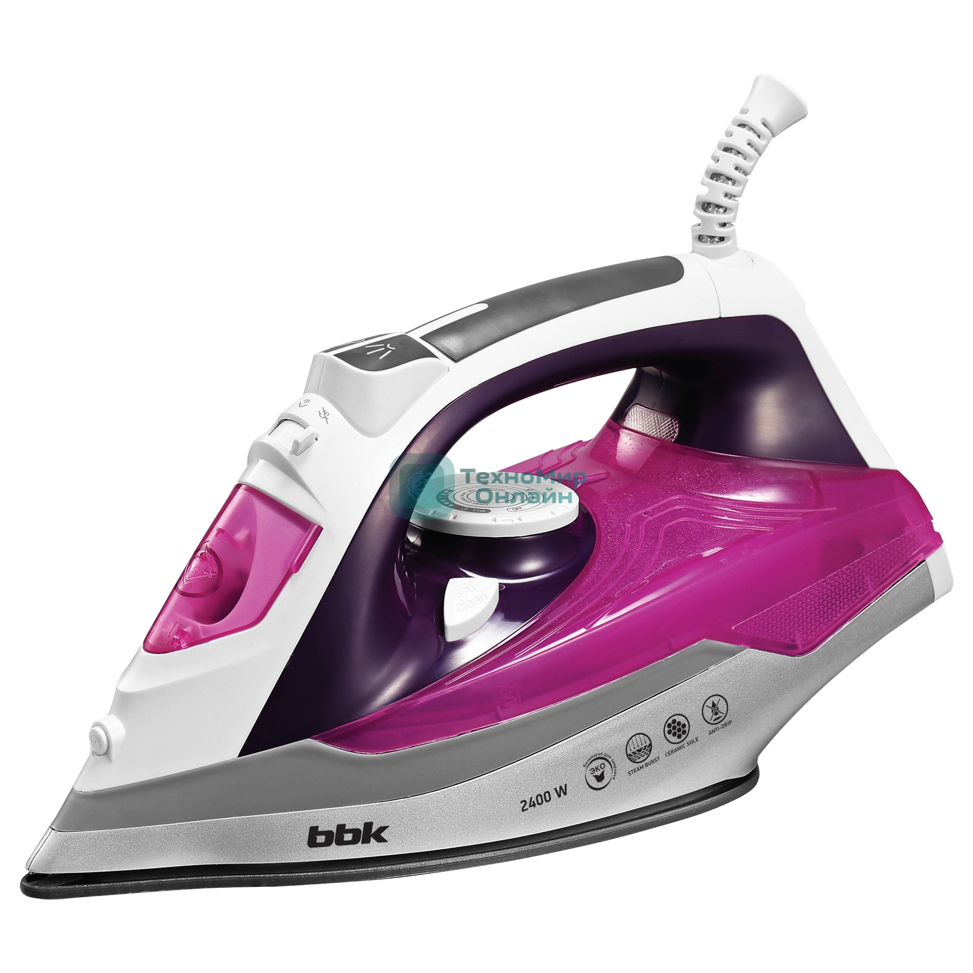 Утюг BBK ISE-2409 фиолетовый, 2400 Вт, 40 г/мин, 140 г/мин, 360 мл