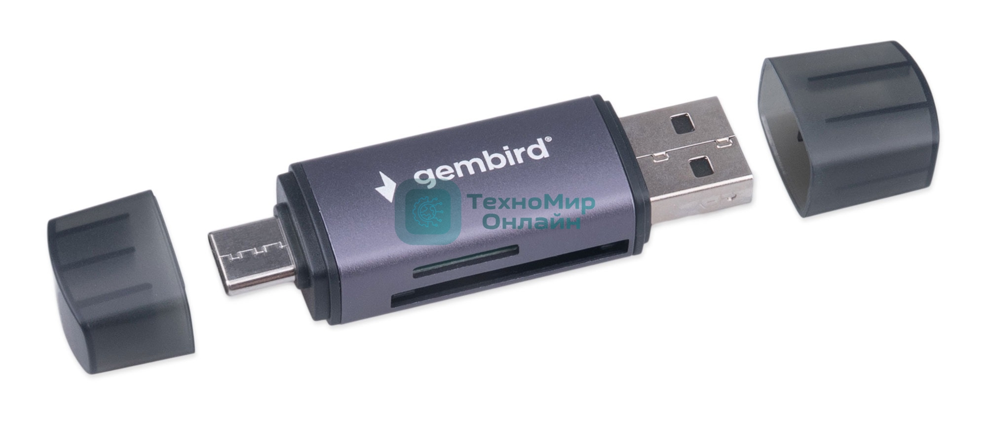 Кард-ридер Gembird FD2-MSD-6/серый/TF/Micro-SD/Micro-SDHC/Micro-SDXC/SD/USB Type-C/USB (OTG)/алюминий