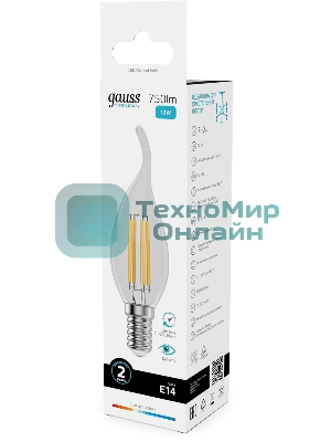 Лампа филам. Gauss Filament 12Вт цок.:E14 свеча св.свеч.бел.нейт. (упак.:10шт) (42122)