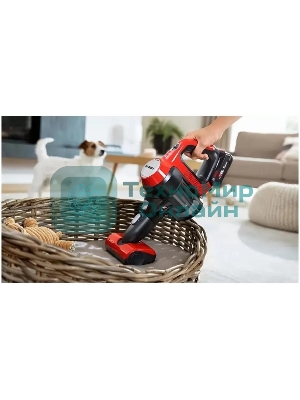 Пылесос вертикальный Bosch BCS711PET черный/красный, питание от аккумулятора, 18 Вт, уборка сухая, пылесборник контейнер 0.3 л