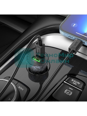 Автомобильная зарядка HOCO Z47A прозрачный 1xUSB-1xUSB-C, 3А PD30W QC3.0, черный