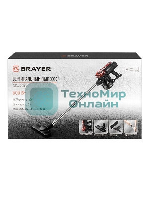 Пылесос вертикальный BRAYER BR4268 серый/красный, питание от сети, 185 Вт, уборка сухая, пылесборник 0,8 л