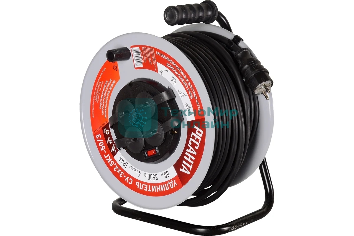 Удлинитель силовой Ресанта СУ-3х2,5КГ-50/3 (61/118/10) 2x1.0 кв.мм 4 розет. 40 м ПВС катушка серый