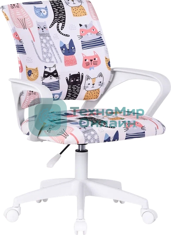 Кресло компьютерное детское Defender Fiesta белый+принт коты, ткань, класс 1