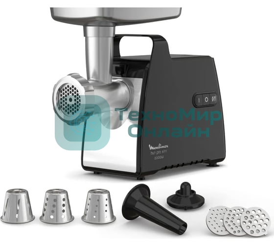 Мясорубка электрическая Moulinex ME558810 черный, 2200 Вт, 3.9 кг/мин, реверс, насадки - 8