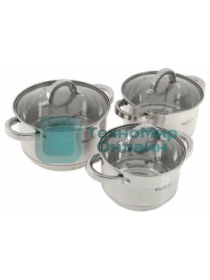 Набор посуды из нержавеющей стали со стеклянными крышками Kelli KL-4246 6 пред. 16 см -2,1; 18- см-2,9; 20 см-3,9 литра. 7-ми слойное капсульное дно. Индукция