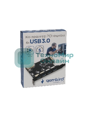 Контроллер USB 3.0 Gembird SPCR-04 в разъем PCI-e, 4xUSB-A
