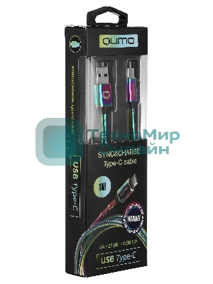 Кабель Qumo, USB 2.0-Type C, 1м, 5/9/12В, 5A, 22.5Вт (Huawei FCP и SCP), опл. металл. пружинка, кон. металл, rainbow