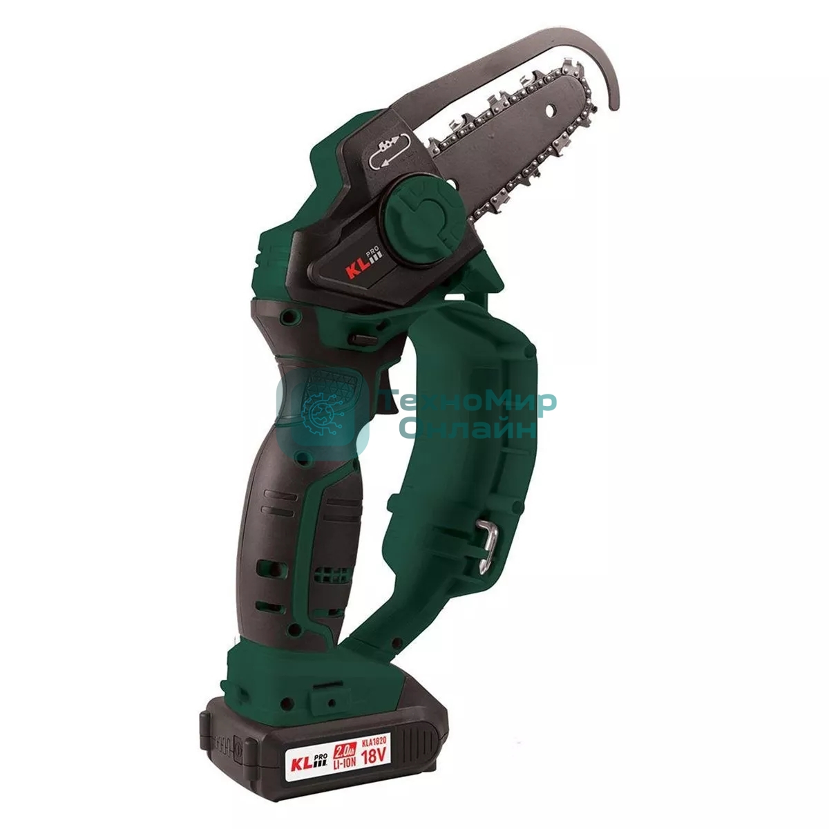 Профессиональная аккумуляторная цепная мини-пила KLPRO KLBZT18-20 (18В, Li-ion-2шт 2,0А·ч, ЗУ 2,4А, 3200 об/мин, 110мм)