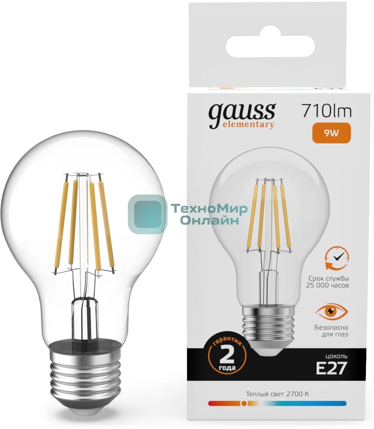 Лампа светодиодная филаментная Gauss Filament 9Вт цок.: E27 груша св. свеч. бел. теп. (упак.: 10 шт)