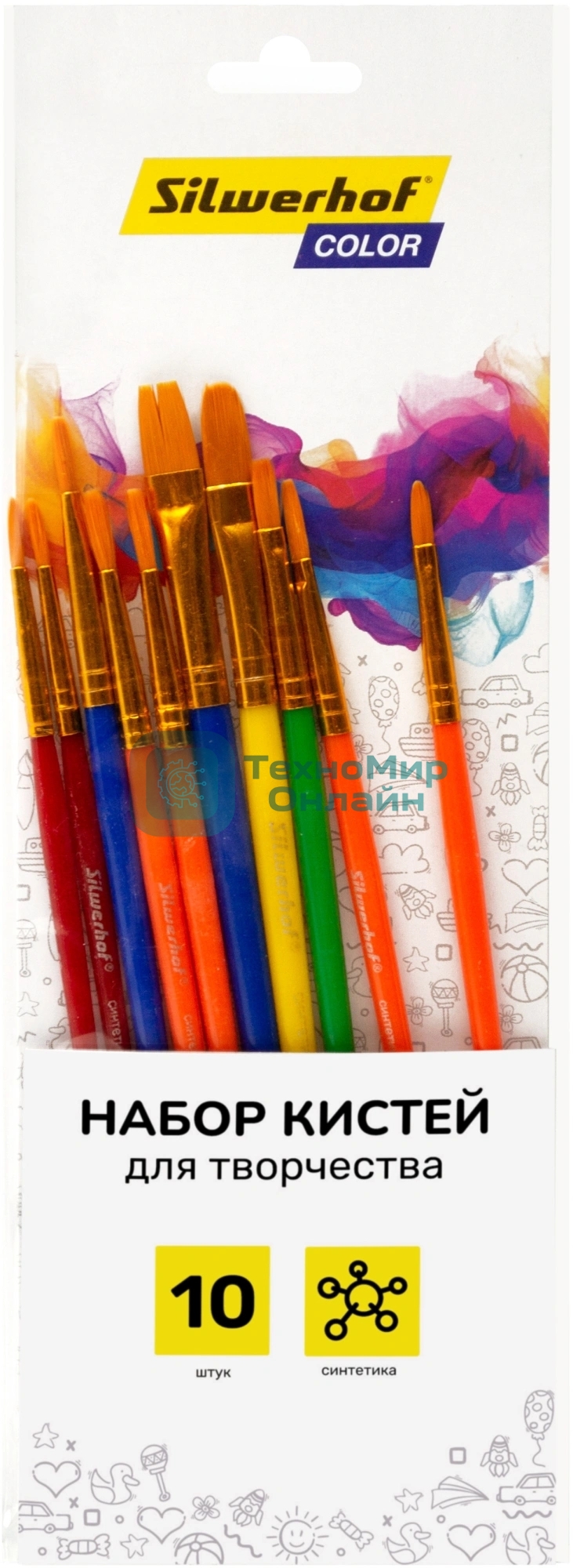 Набор кистей Silwerhof Color (набор 10шт) синтетика круглая №2,3/плоская №3,6,7,12/овальная №3,10