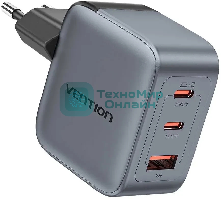 Сетевое зарядное устройство Vention на 3 порт USB С+C+A GaN 70W Серый