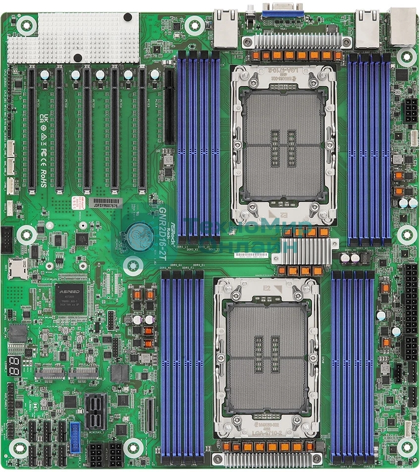 Серверная материнская плата ASRock GNR2D16-2T, 2xE2 (LGA 4710), встроен в процессор, 16xDDR5, 0xSATA, 2xM.2, 5xPCIe 5.0 x16, 1xVGA, 2x10Gb LAN, IPMI, 2xUSB-A 5Gbps, SSI EEB