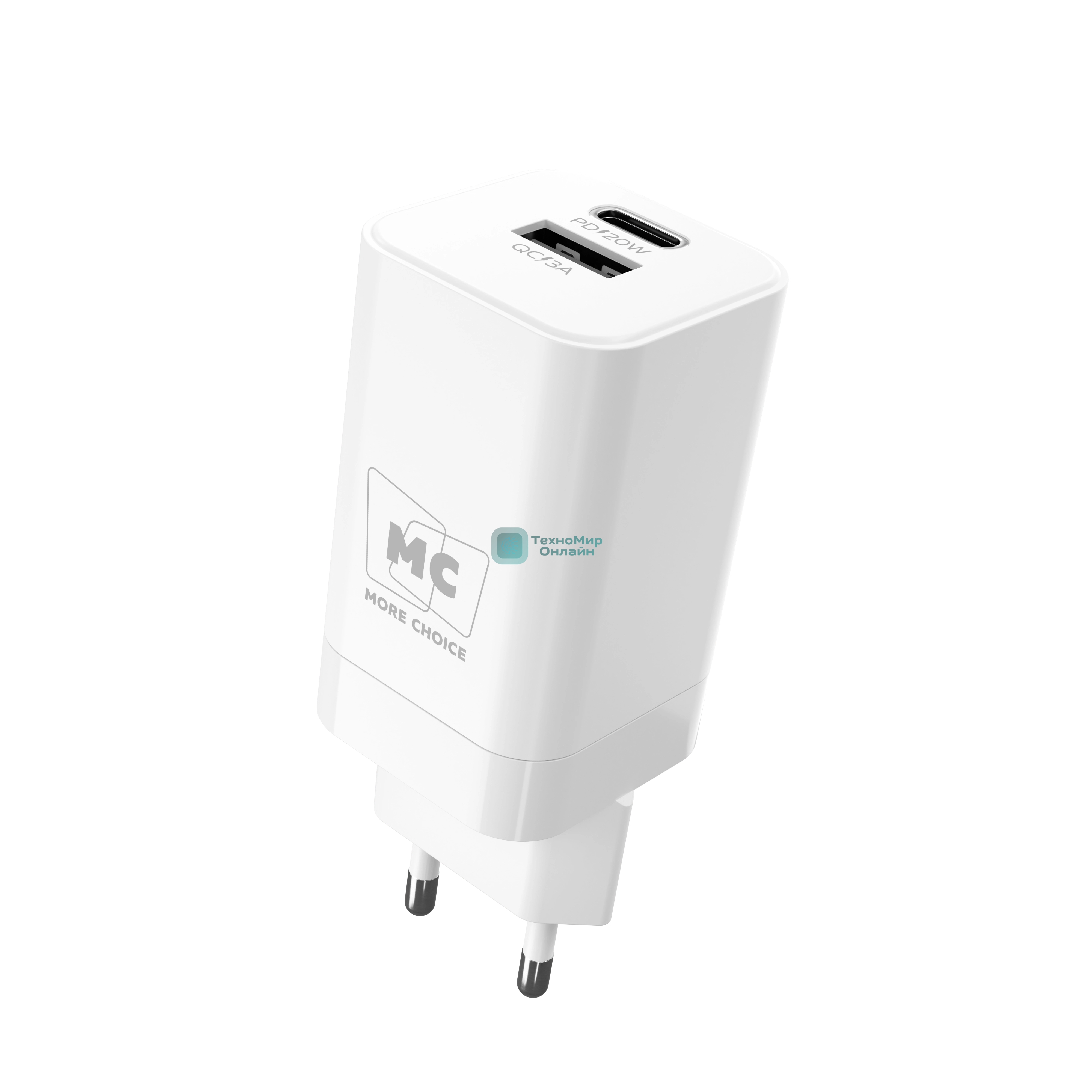 Сетевое зарядное устройство MORE CHOICE NC85i 1USB+1Type-C 3.0A PD 20W+QC3.0 для Lightning 8-pin Type-C, белый