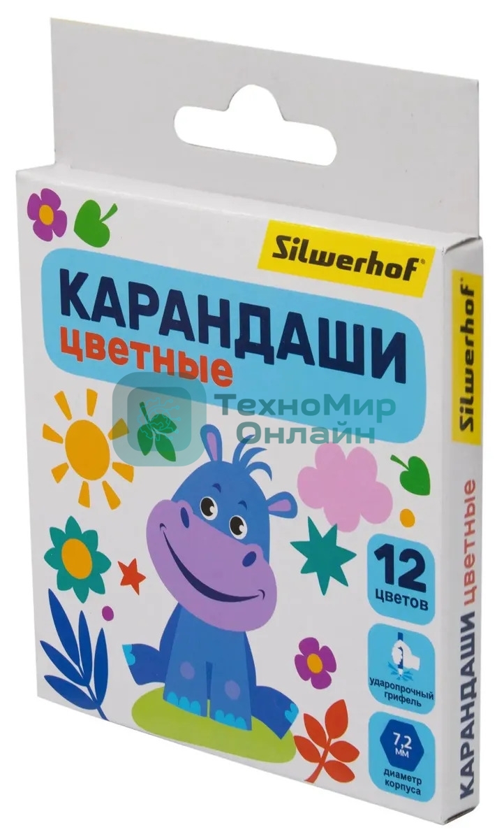 Карандаши цветные Silwerhof Mini Веселые друзья 2.65мм, шестигранный профиль, дерево, ассорти, 12 цветов, коробка с европодвесом