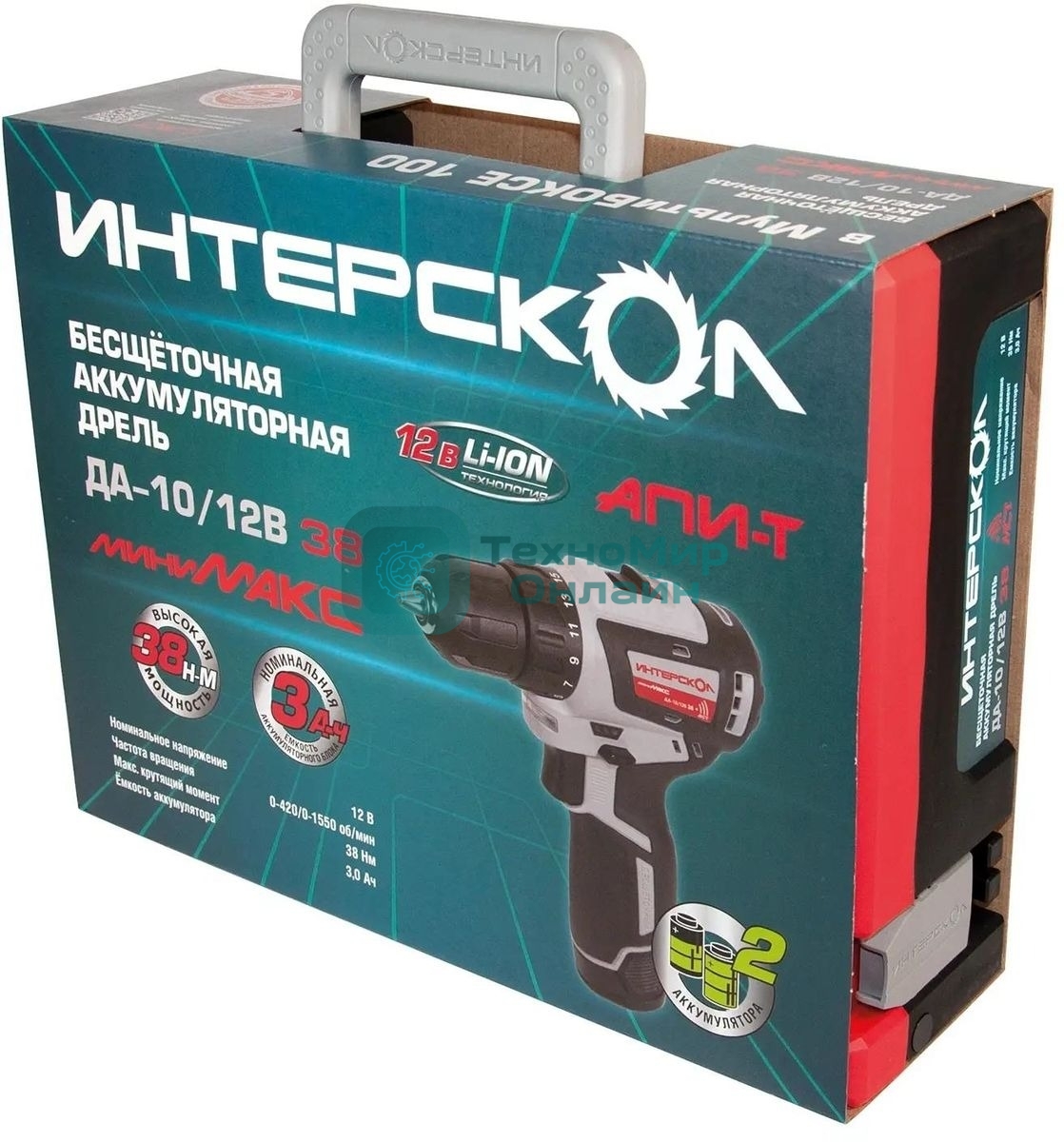 Дрель-шуруповерт ИНТЕРСКОЛ ДА-10/12В 38, 12 В, 3 Ач, 38 Нм, бесщеточный