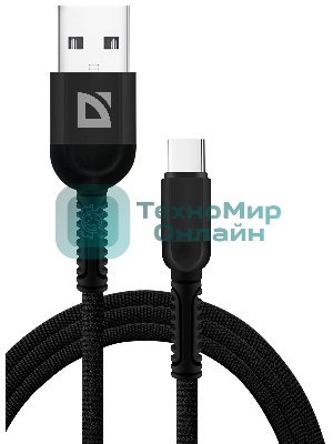 Кабель Defender F167, USB 2.0 (AM) - Type-C, 1 м, 2.4А, нейлоновая оплетка, черный.