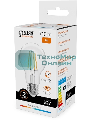 Лампа светодиодная филаментная Gauss Filament 9Вт цок.: E27 груша св. свеч. бел. теп. (упак.: 10 шт)