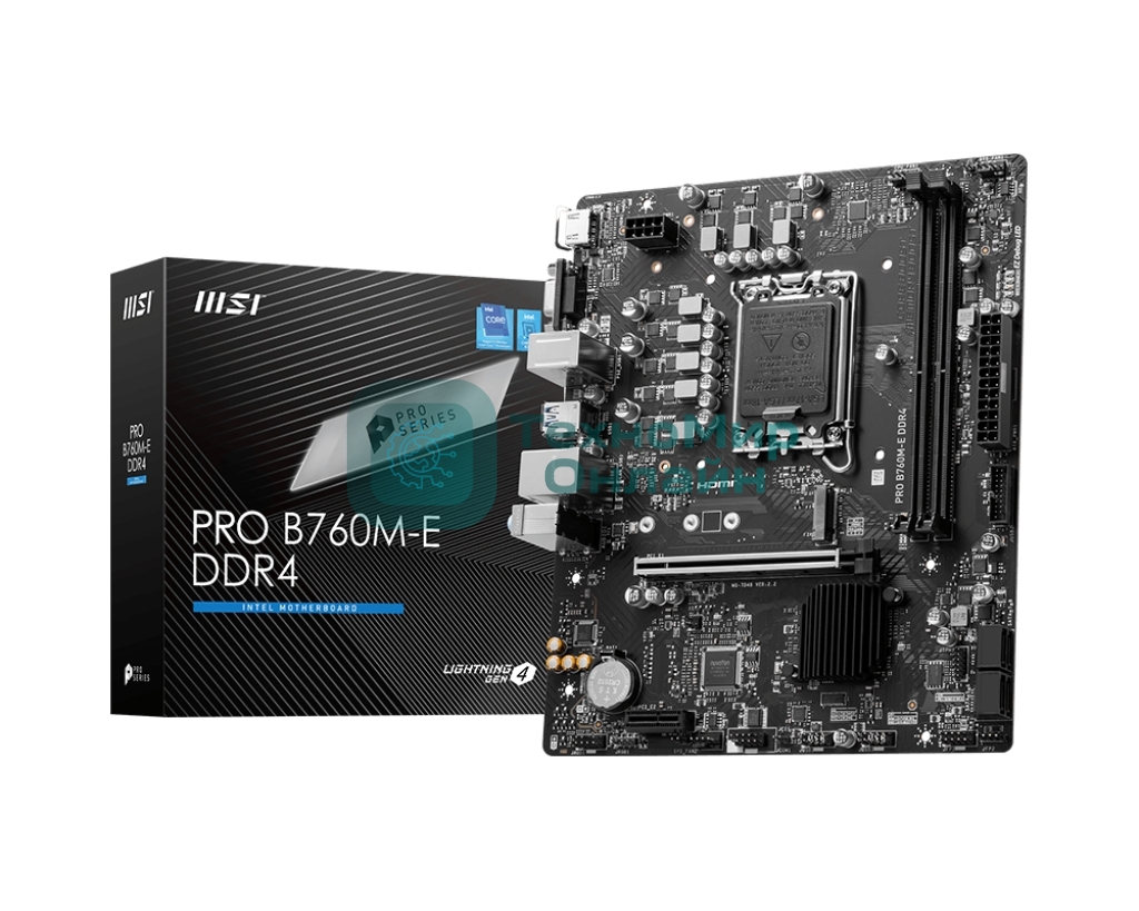 Материнская плата MSI PRO B760M-E DDR4, LGA 1700, Intel B760, 2xDDR4, 4xSATA, 1xM.2, 1xPCIe 4.0 x16, 1xPCIe 4.0 x1, 1xHDMI, 1xVGA, 1x1Gb LAN, 2xUSB-A 3.2 Gen 1, 4xUSB-A 2.0, 3x3.5 мм, 7.1, mATX