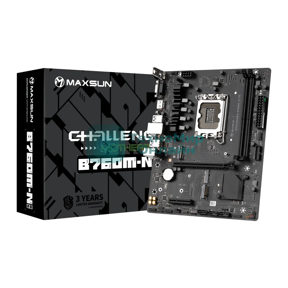 Материнская плата Maxsun Challenger B760M-N D5, LGA 1700, Intel B760, 2xDDR5, 3xSATA, 2xM.2, 1xPCIe 4.0 x16, 1xPCIe x4, 1xVGA, 1xHDMI, 1x 1Gb LAN, 2xUSB-A 2.0, 4xUSB-A 3.2 Gen 1, 5.1, mATX
