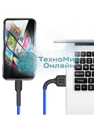 Кабель Defender F181, USB 2.0 (AM) - Apple Lightning (M), 1 м, 2.4А, нейлоновая оплетка, синий.