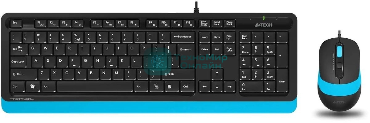 Комплект клавиатура+мышь A4Tech FStyler F1010 проводной, USB, 1600 DPI, чёрный/синий