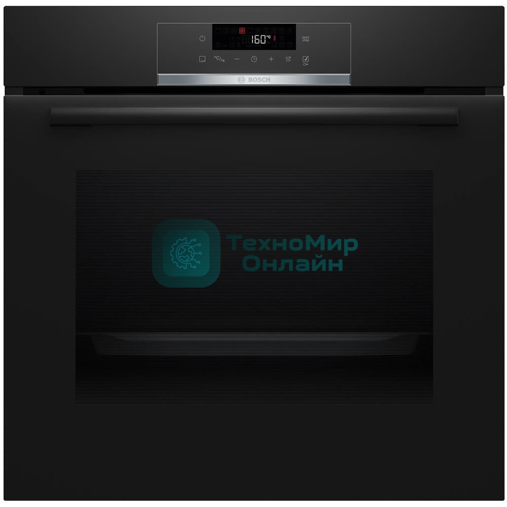 Встраиваемый духовой шкаф с добавлением пара Bosch HQG572EB3 Serie 4, Auto Pilot 15, объем 71 л , 9 режимов нагрева, 3D Hotair, Soft move door,телескопические направляющие 1уровень,гидролиз и пиролиз, сенсорное управление, черный+профиль из нержавеющей стали