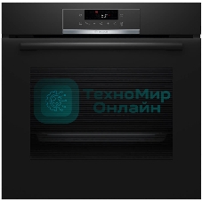 Встраиваемый духовой шкаф с добавлением пара Bosch HQG572EB3 Serie 4, Auto Pilot 15, объем 71 л , 9 режимов нагрева, 3D Hotair, Soft move door,телескопические направляющие 1уровень,гидролиз и пиролиз, сенсорное управление, черный+профиль из нержавеющей стали