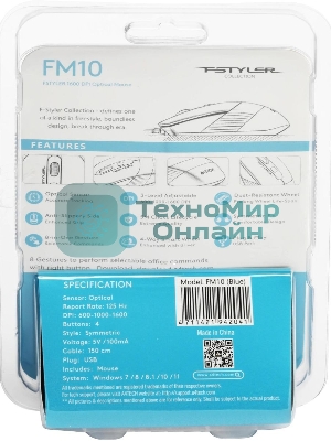 Мышь проводная A4Tech Fstyler FM10 черный/синий, 1600 dpi, USB, кнопки - 4