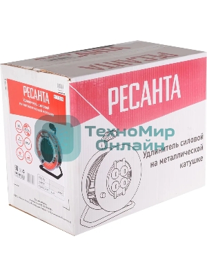 Удлинитель силовой Ресанта СУ-3х1,5-50/3 (61/118/8) 2x1.0кв.мм 4розет. 40м ПВС катушка серый