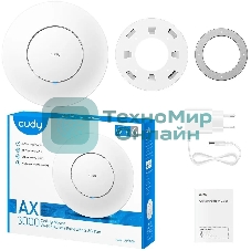 Точка доступа AX3000 Dual Band Ceiling Mount Wi-Fi 6 Access Point, Chipset MT7981, 802.11ax/ac/a/b/g/n, 2402Mbps at 5GHz + 574Mbps at 2.4GHz, 1 x 2.5G RJ45 Port, MU-MIMO, Support 12V DC or 802.3at PoE or Passive PoE, Internal Antennas, 48V passive PoE adapter included, Cudy Mesh Support
