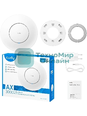 Точка доступа AX3000 Dual Band Ceiling Mount Wi-Fi 6 Access Point, Chipset MT7981, 802.11ax/ac/a/b/g/n, 2402Mbps at 5GHz + 574Mbps at 2.4GHz, 1 x 2.5G RJ45 Port, MU-MIMO, Support 12V DC or 802.3at PoE or Passive PoE, Internal Antennas, 48V passive PoE adapter included, Cudy Mesh Support