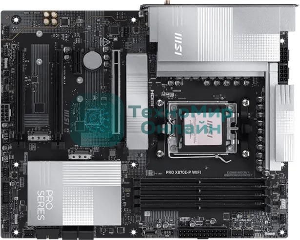 Материнская плата MSI PRO X870E-P WIFI, AM5, AMD X870E, 4xDDR5, 4xSATA, 3xM.2, 1xPCIe 5.0 x16, 1xPCIe 4.0 x4, 1xPCIe 3.0 x1, 1xHDMI, 1x5Gb LAN, Wi-Fi 7, Bluetooth 5.4, 1xUSB-C 20Gbps, 1xThunderbolt 4, 2xUSB-A 10Gbps, 2xUSB-A 5Gbps, 4xUSB-A 2.0, 3x3.5 мм, 7.1, ATX