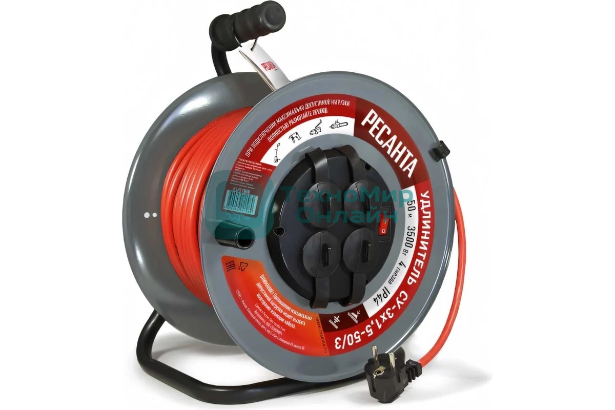 Удлинитель силовой Ресанта СУ-3х1,5-50/3 (61/118/8) 2x1.0кв.мм 4розет. 40м ПВС катушка серый