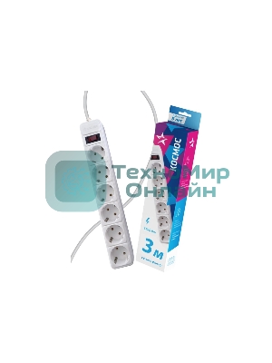 Удлинитель с сетевым фильтром Космос 6х3 м с заземл. 16А IP20 3.5 кВт с предохранителем 3х1 индикатор сети белый