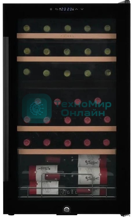 Винный шкаф ZÜGEL ZCWF331DB черный, 88 л, 2 отсека, 33 бут.
