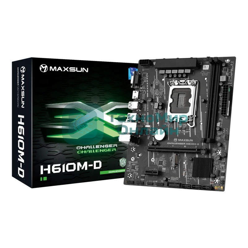 Материнская плата Maxsun MS-Challenger H610M-D, LGA 1700, Intel H610, 2xDDR4, 3xSATA, 1xM.2, 1xPCIe 4.0 x16, 1xPCIe x1, 1xHDMI, 1xVGA, 1x 1Gb LAN, 2xUSB 3.2 Gen 1, 4xUSB 2.0, 3x3.5 мм, 5.1, mATX