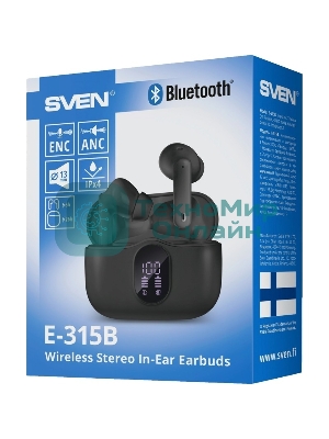 Наушники TWS SVEN E-315B черный, внутриканальные, Bluetooth, сенсорное управление, до 5 ч