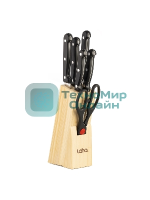 Набор ножей LARA LR05-53 7 предметов: ДЕРЕВЯННАЯ ПОДСТАВКА + 5 ножей + ножницы, нержавеющая сталь 2CR13