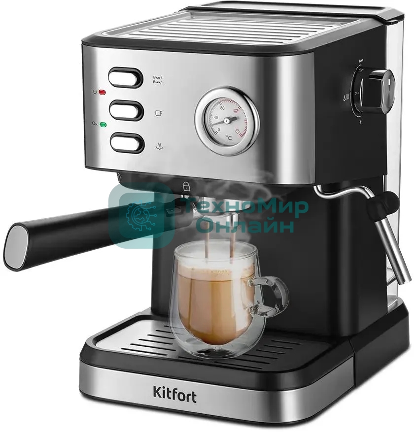 Кофеварка рожковая Kitfort КТ-7293 черный/серебристый, исп. кофе - молотый, 1.5 л, 1050 Вт, 15 Бар.